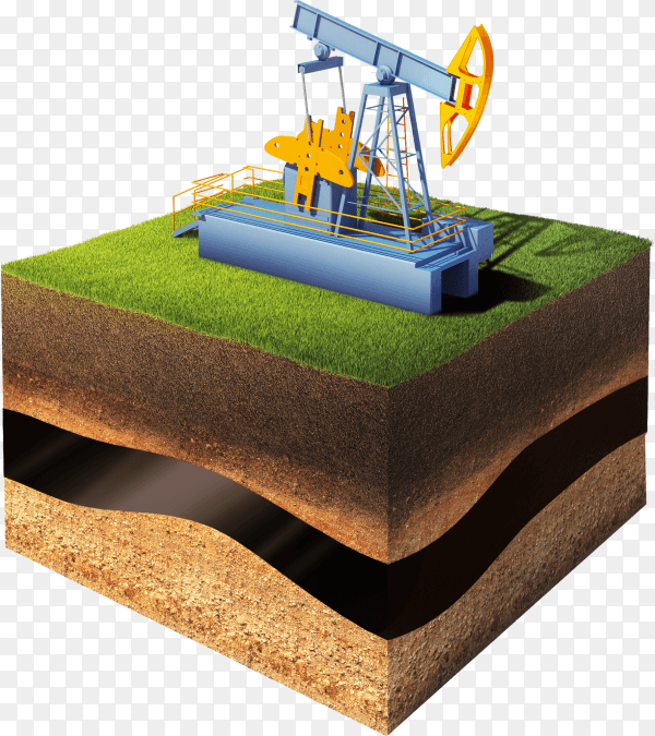 Model of cross section of ground with grass and oil pump jack isolated on transparent background PNG