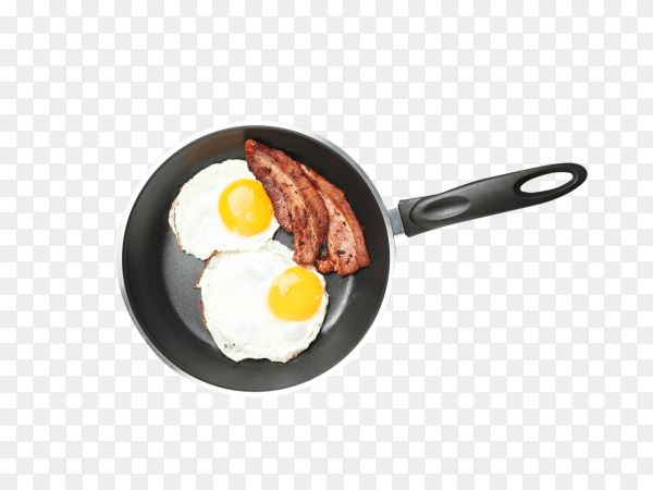 Pan with fried eggs and bacon isolated on transparent background PNG