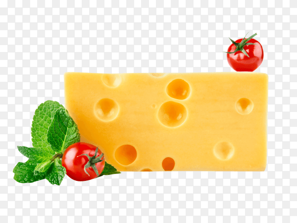 Piece of cheese with tomatoes on transparent background PNG