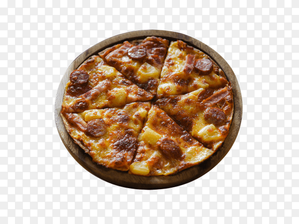 Pizza on wooden plate on transparent background PNG