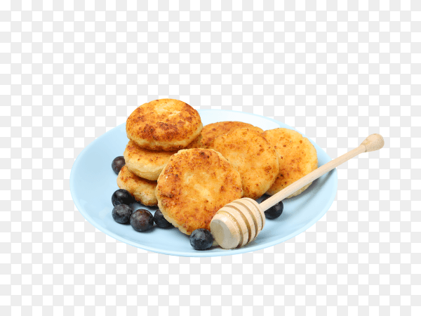 Plate with cheese pancakes and blueberry isolated on transparent background PNG