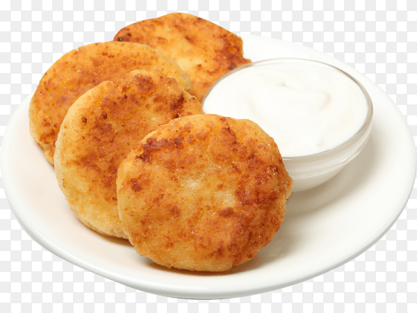 Plate with cheese pancakes and sour cream isolated on transparent background PNG