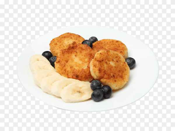 Plate with delicious cheese pancakes and banana isolated on transparent background PNG