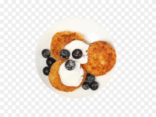 Plate with delicious cheese pancakes isolated on transparent background PNG