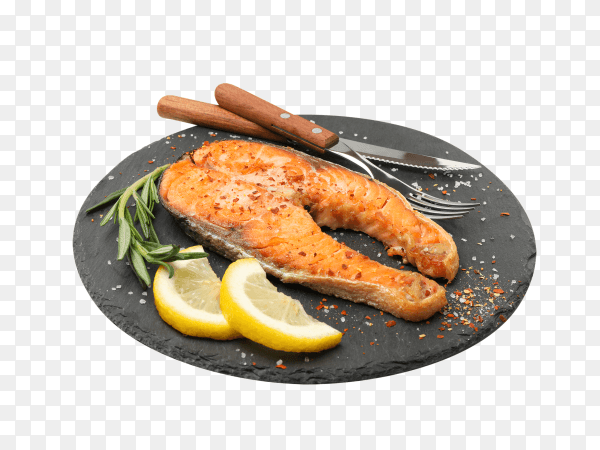 Plate with delicious grilled salmon isolated on transparent background PNG