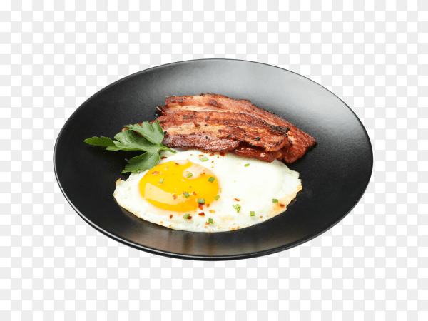 Plate with delicious omelette and bacon isolated on transparent background PNG