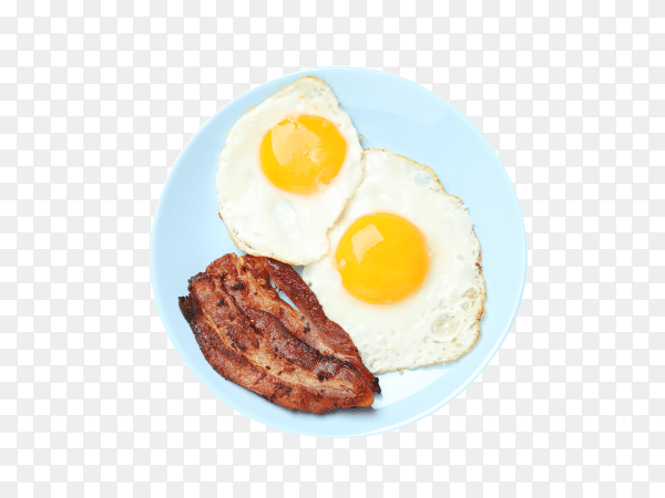 Plate with fried eggs and bacon isolated on transparent background PNG
