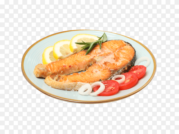 Plate with grilled salmon isolated on transparent background PNG