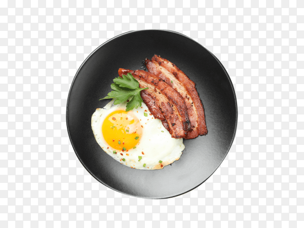 Plate with omelette and bacon isolated on transparent background PNG