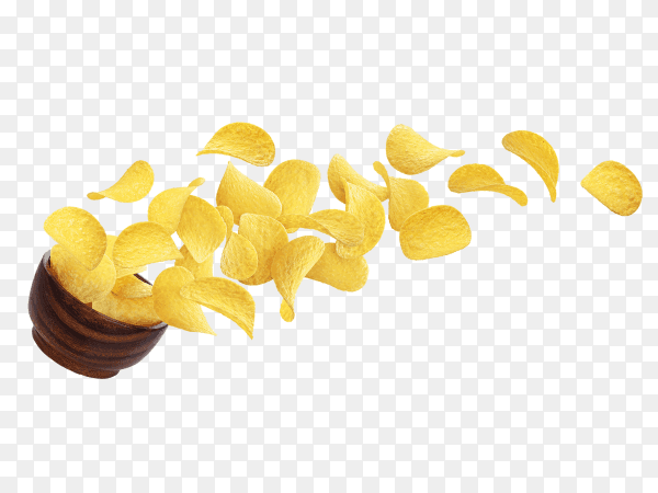 Potato chips falling into wooden bowl isolated on transparent background PNG