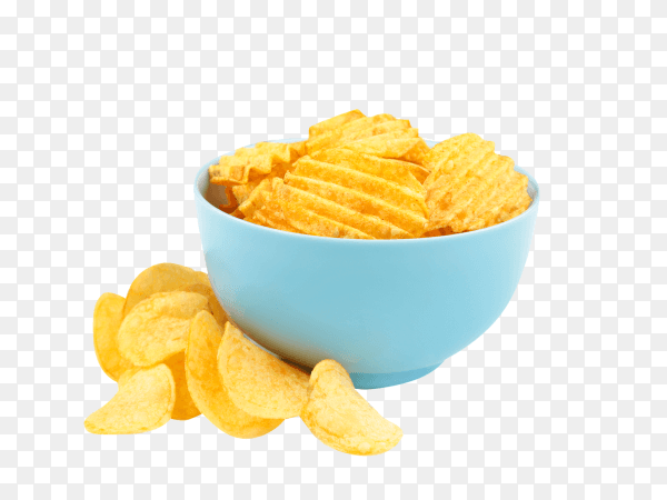 Potato chips on blue bowl isolated on transparent background PNG