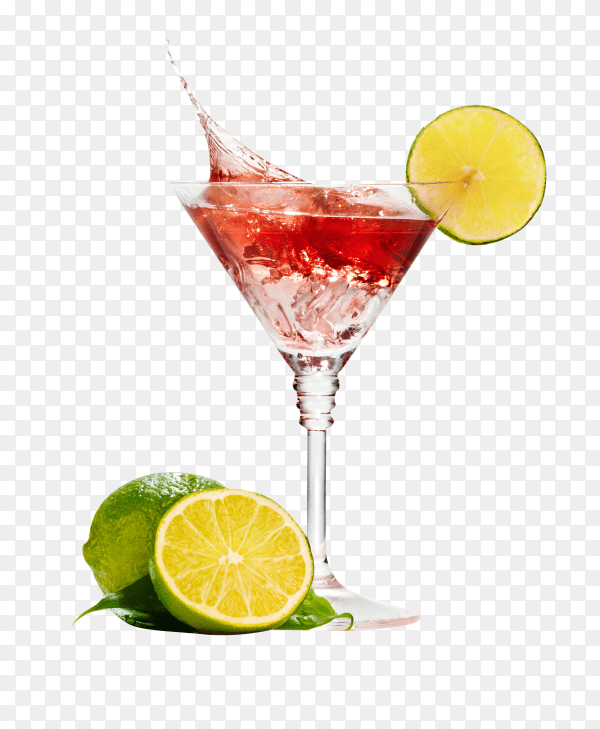 Red martini cocktail with splash and lime isolated on transparent background PNG