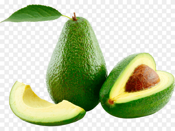 Ripe avocado with green leaf isolated on transparent background PNG