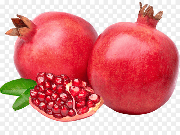 Ripe pomegranate fruits with seed leaves isolated on transparent background PNG