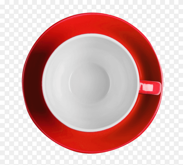 Shot from above red cup with saucer on transparent background PNG