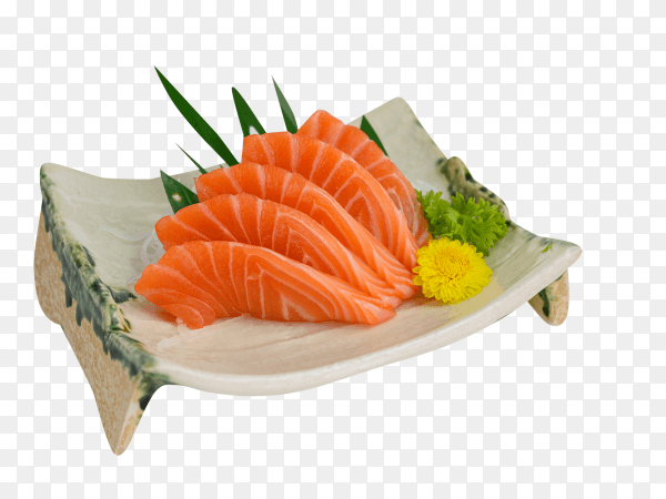 Sliced raw salmon sashimi on plate on transparent background PNG