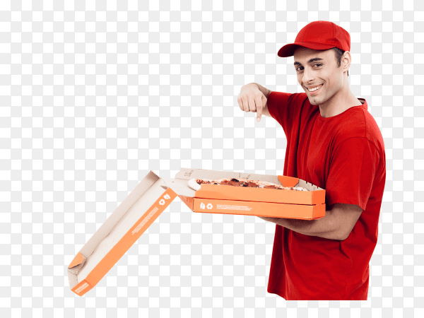 Smiling arab deliveryman with opening pizza box on transparent background PNG