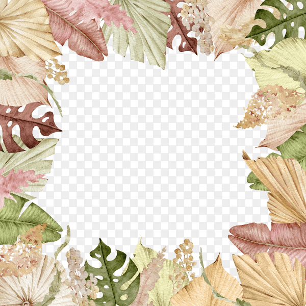 Square tropical frame decorated with watercolor exotic dried leaves isolated on transparent background PNG