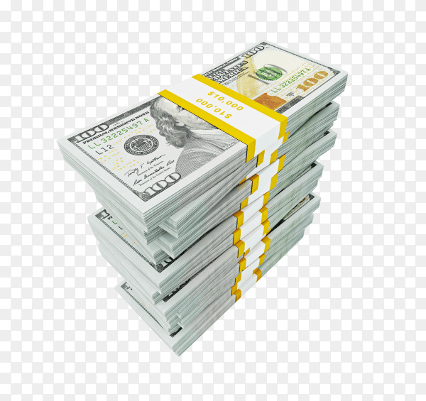 Stack of new 100 us dollars edition banknotes on transparent background PNG