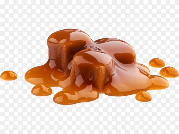 Sweet Caramel candies and caramel sauce isolated on transparent background PNG