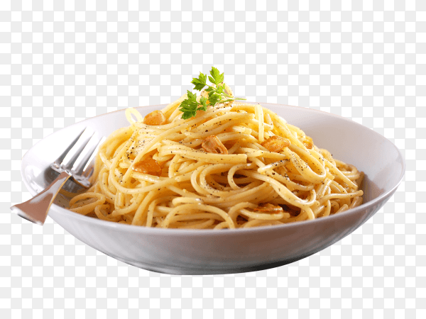 Tasty appetizing classic Italian spaghetti pasta on transparent background PNG