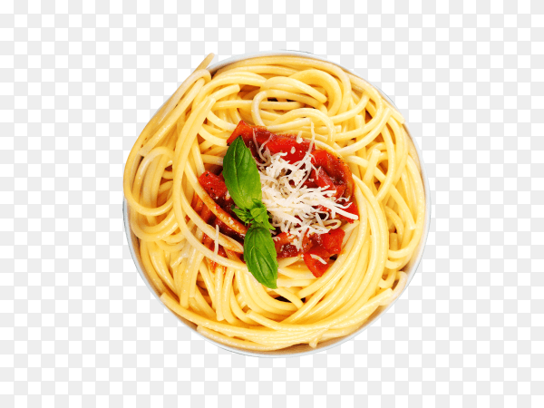 Tasty appetizing classic italian spaghetti pasta with tomato and basil on transparent background PNG