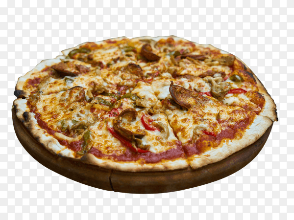 Tasty pizza in wooden plate on transparent background PNG