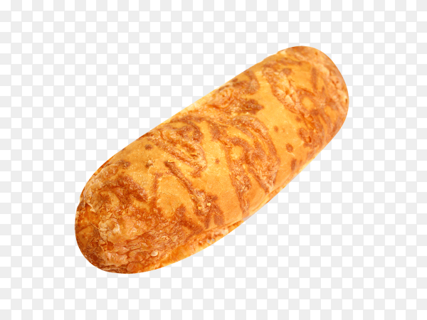The ruddy long loaf of bread is strewed by cheese isolated on transparent background PNG