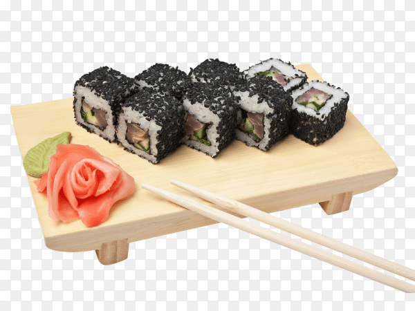 Traditional asian food sushi on wooden plate isolated on transparent background PNG
