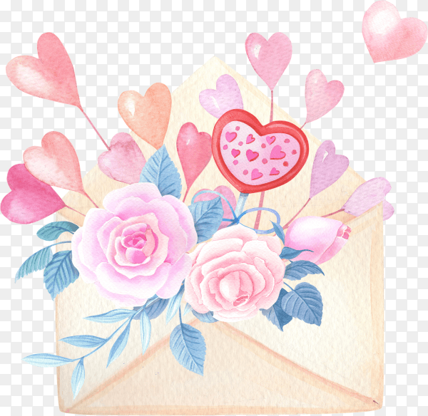 Watercolor envelope with pink rose on transparent background PNG