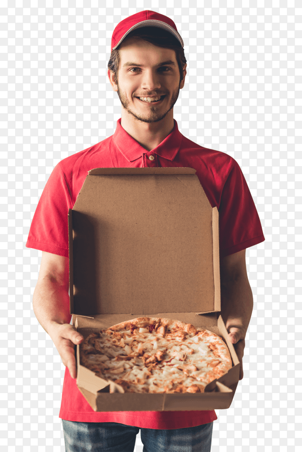 Young delivery worker holding pizza box on transparent background PNG