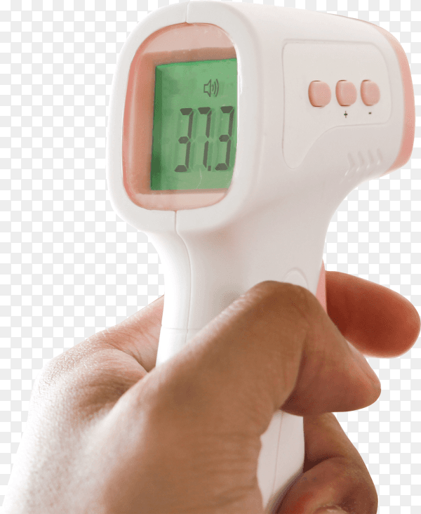 hand holding with infrared thermometer. checking forehead temperature measurement scan on transparent background PNG