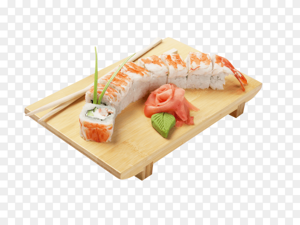 Asian food sushi on wooden plate isolated on transparent background PNG