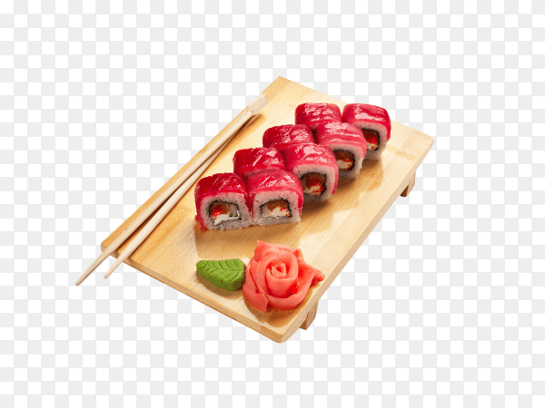 Asian food sushi on wooden plate on transparent background PNG