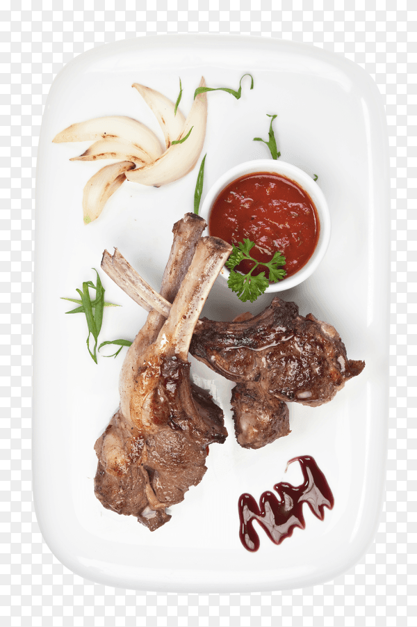 Delicious dishes of roast meat with vegetables and spices on transparent background PNG