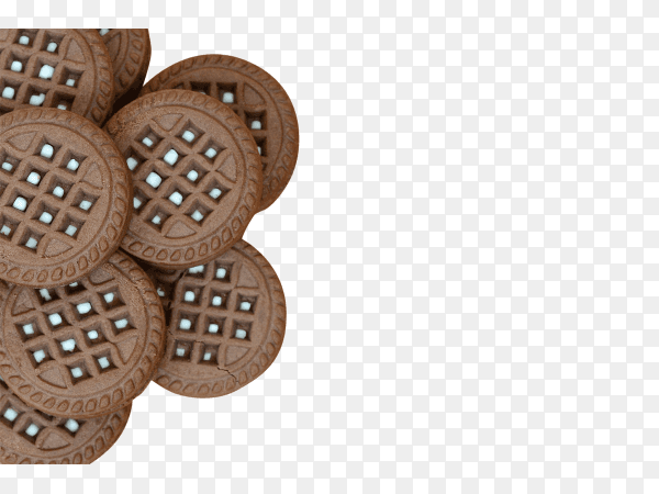 Detailed picture of dark brown round sandwich cookies with coconut filling on transparent background PNG