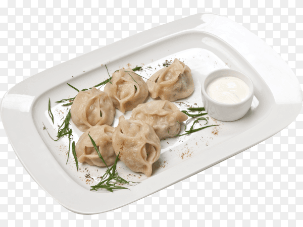 Dish of ravioli with sour cream isolated on transparent background PNG
