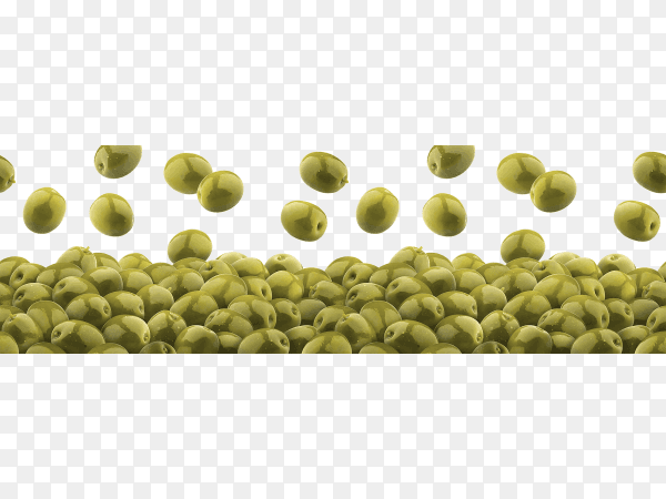 Falling green olives isolated on transparent background PNG