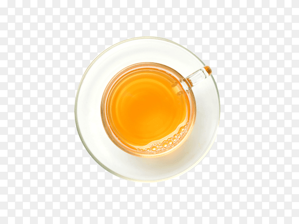 Flat lay glass cup of hot tea with saucer isolated on transparent background PNG