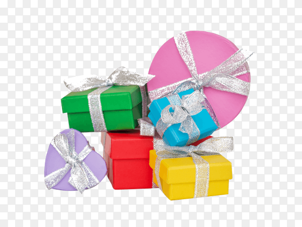 Gift multicolored boxes wrapped in recycled paper with ribbon isolated on transparent background PNG
