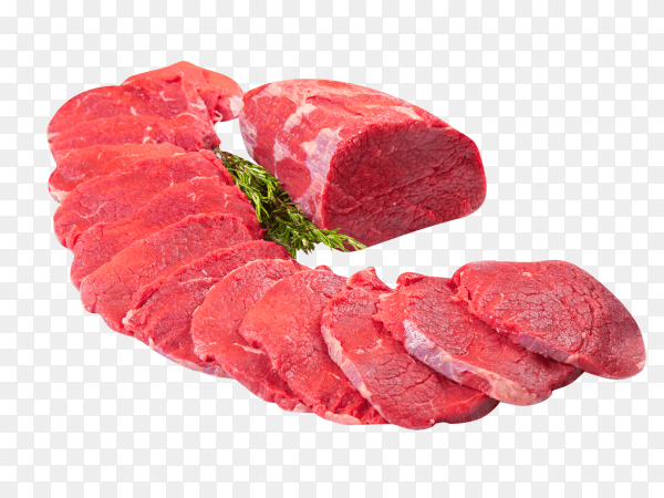 Huge red meat chunk and steaks isolated on transparent background PNG