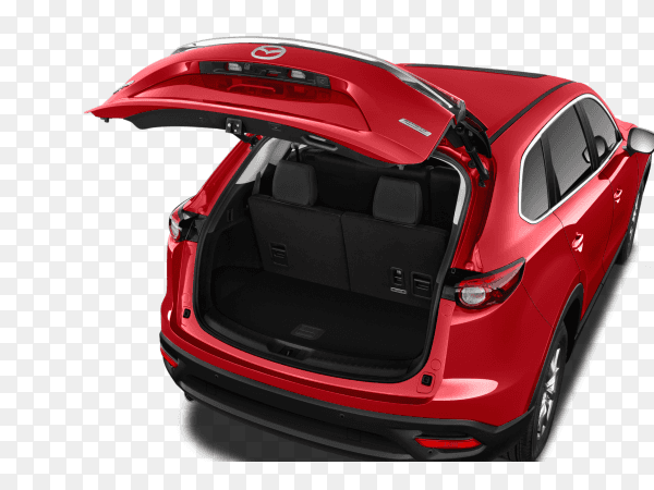 Modern red car jeep on big wheels rear view of open car trunk on transparent background PNG