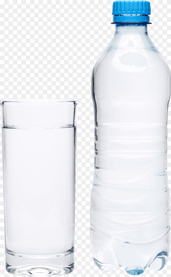 Plastic bottle of drinking water and glass isolated on transparent background PNG