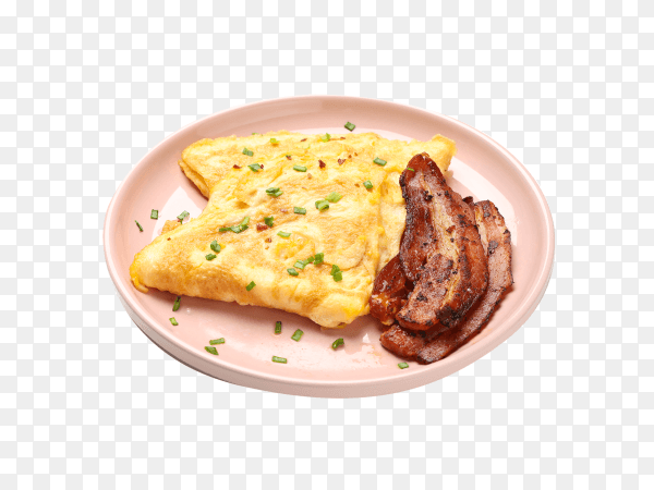 Plate with omelet and bacon isolated on transparent background PNG