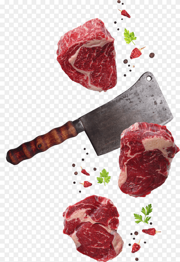 Raw marbled ribeye steak and butchers knife isolated on transparent background PNG