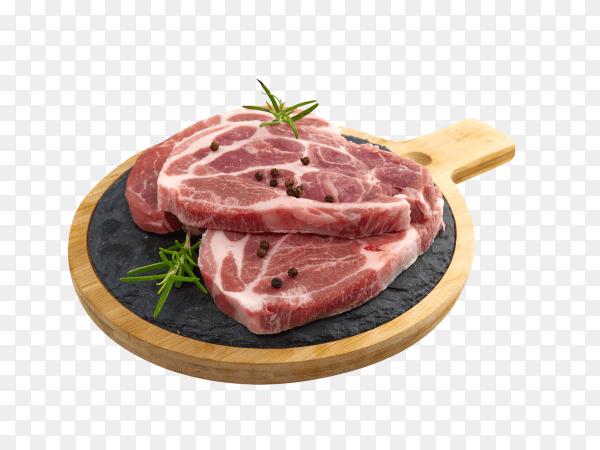 Raw pork slices on black stone plate isolated on transparent background PNG