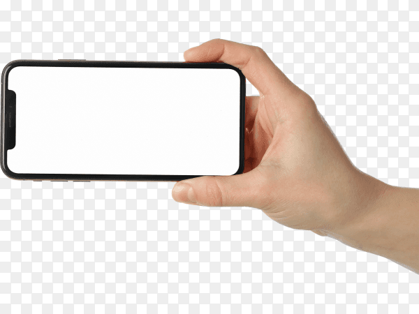 Smartphone in hand holding new phone technology smart phone with blank white empty screen and modern frame less design on transparent background PNG
