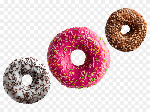 Sweet glazed donuts flying on transparent background PNG