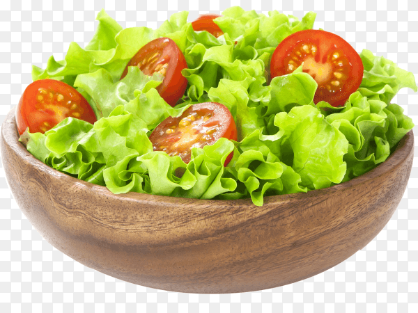 Tomato and lettuce salad in wooden bowl isolated on transparent background PNG