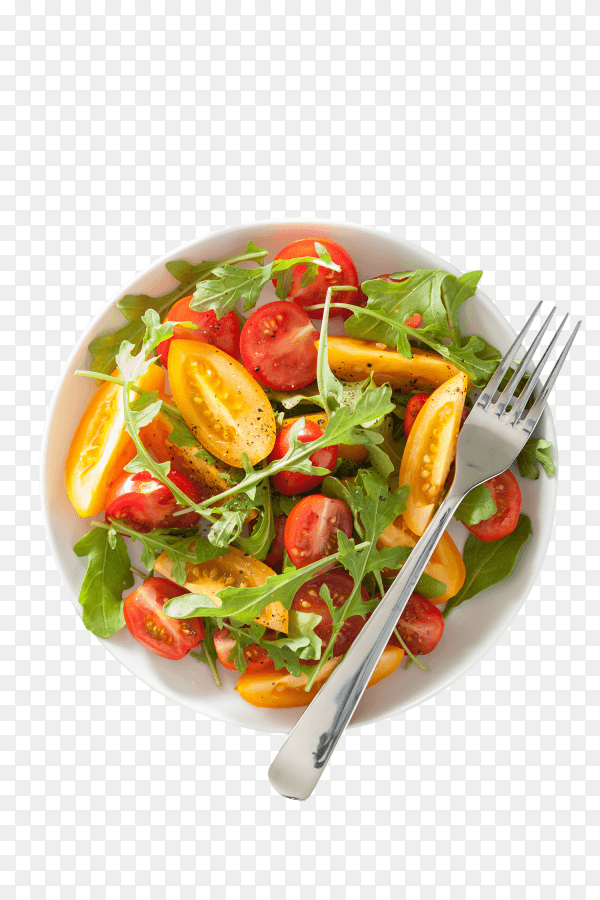 Tomato salad with arugula green on transparent background PNG